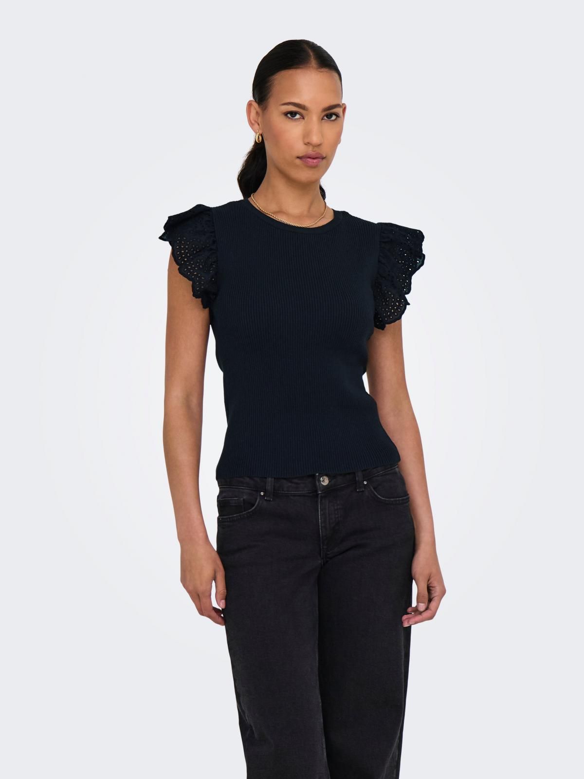 온리 프릴소매 라운드넥 니트 탑 슬림핏 15347788_2161 BLACK / BLACK - 상품 이미지