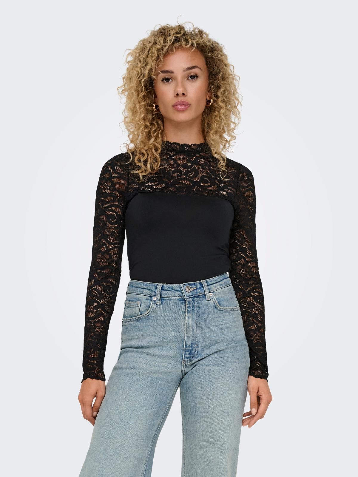 온리 레이스 시스루 슬림핏 긴팔 탑 15336274_2161 BLACK / BLACK - 상품 이미지