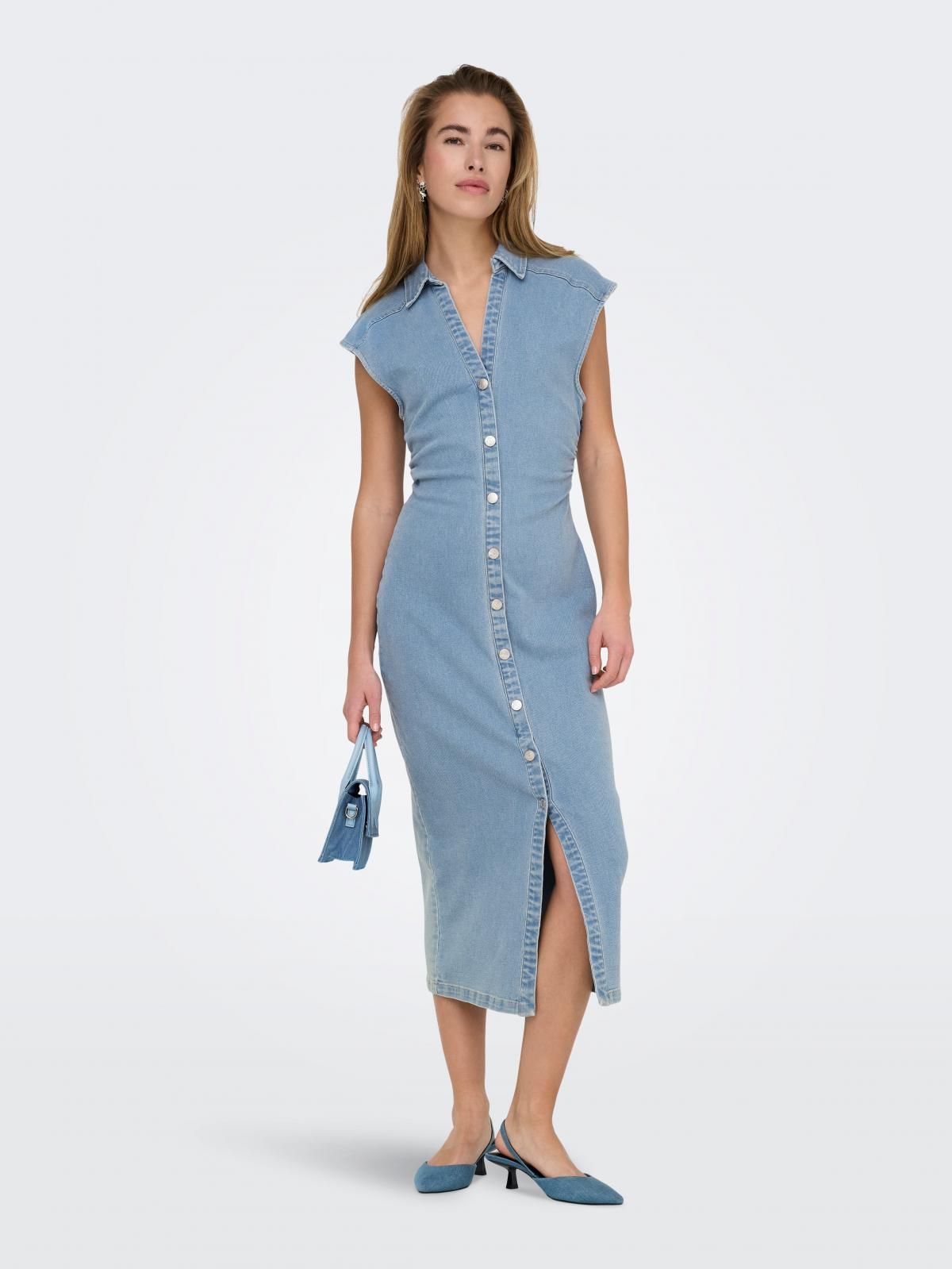온리 데님 버튼업 브이넥 미디 원피스 15351429_2116 BLUE / LIGHT BLUE DENIM - 상품 이미지