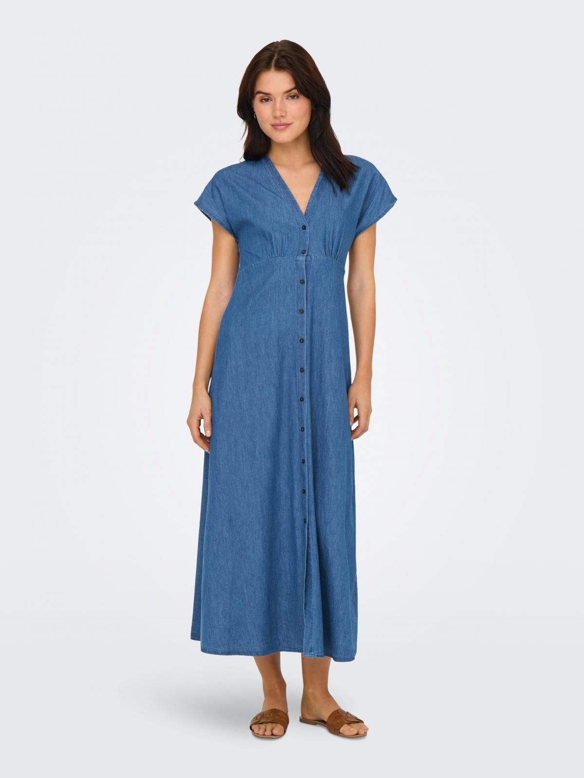 온리 데님 롱 브이넥 버튼 원피스 15358776_2115 BLUE / MEDIUM BLUE DENIM - 상품 이미지