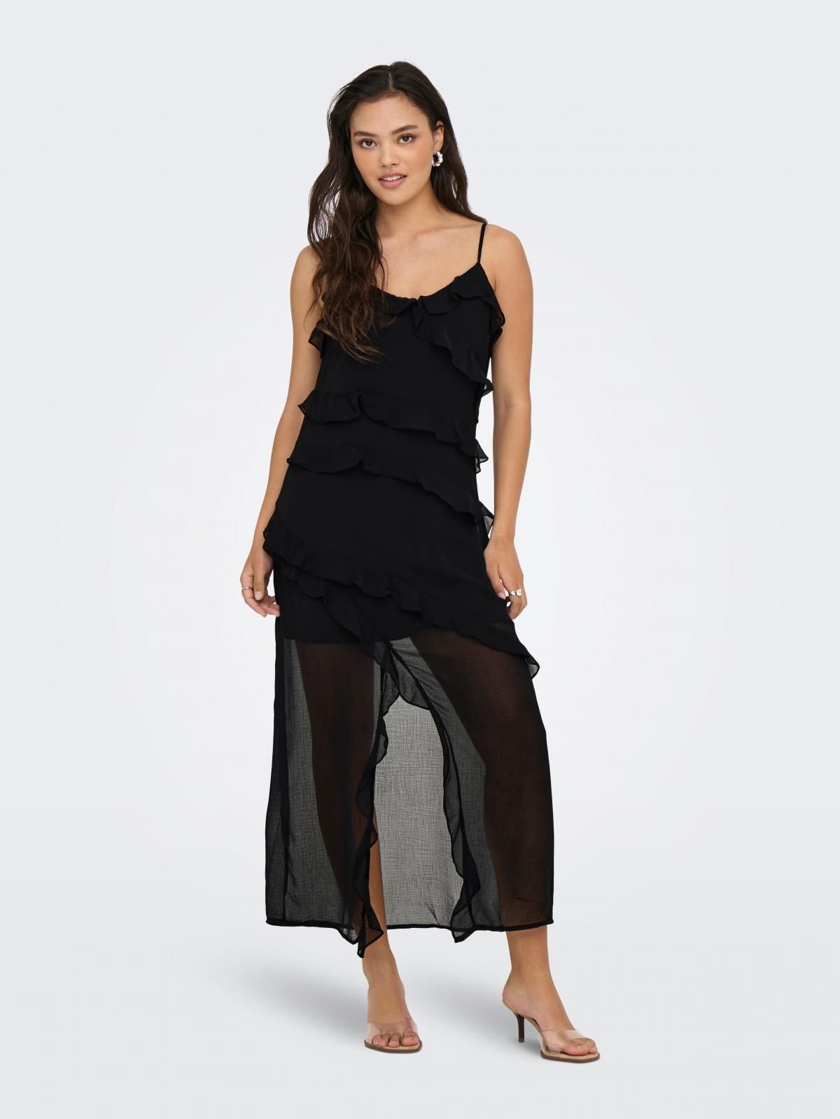 온리 프릴 슬리브리스 롱 원피스 15358168_2161 BLACK / BLACK - 상품 이미지
