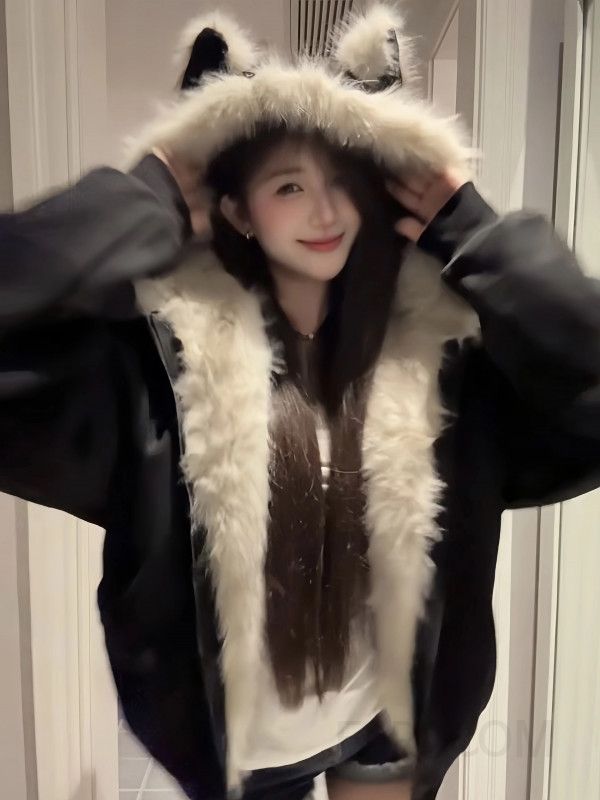 여성 겨울 루즈핏 동물귀 후드 패딩 재킷 따뜻한 데일리 아우터 캐주얼 집업 숏 코트 - 상세 이미지 3