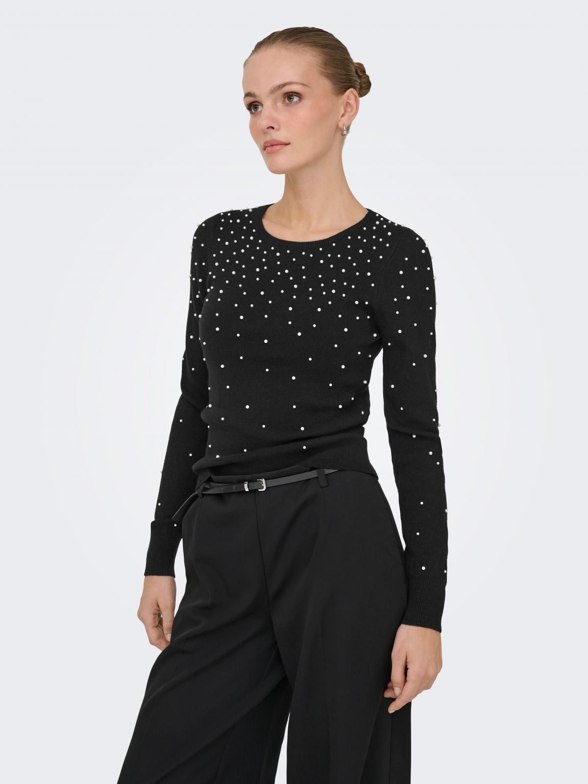 온리 진주장식 라운드넥 긴팔 니트 탑 15346656_2161_1181542 BLACK / BLACK - 상품 이미지
