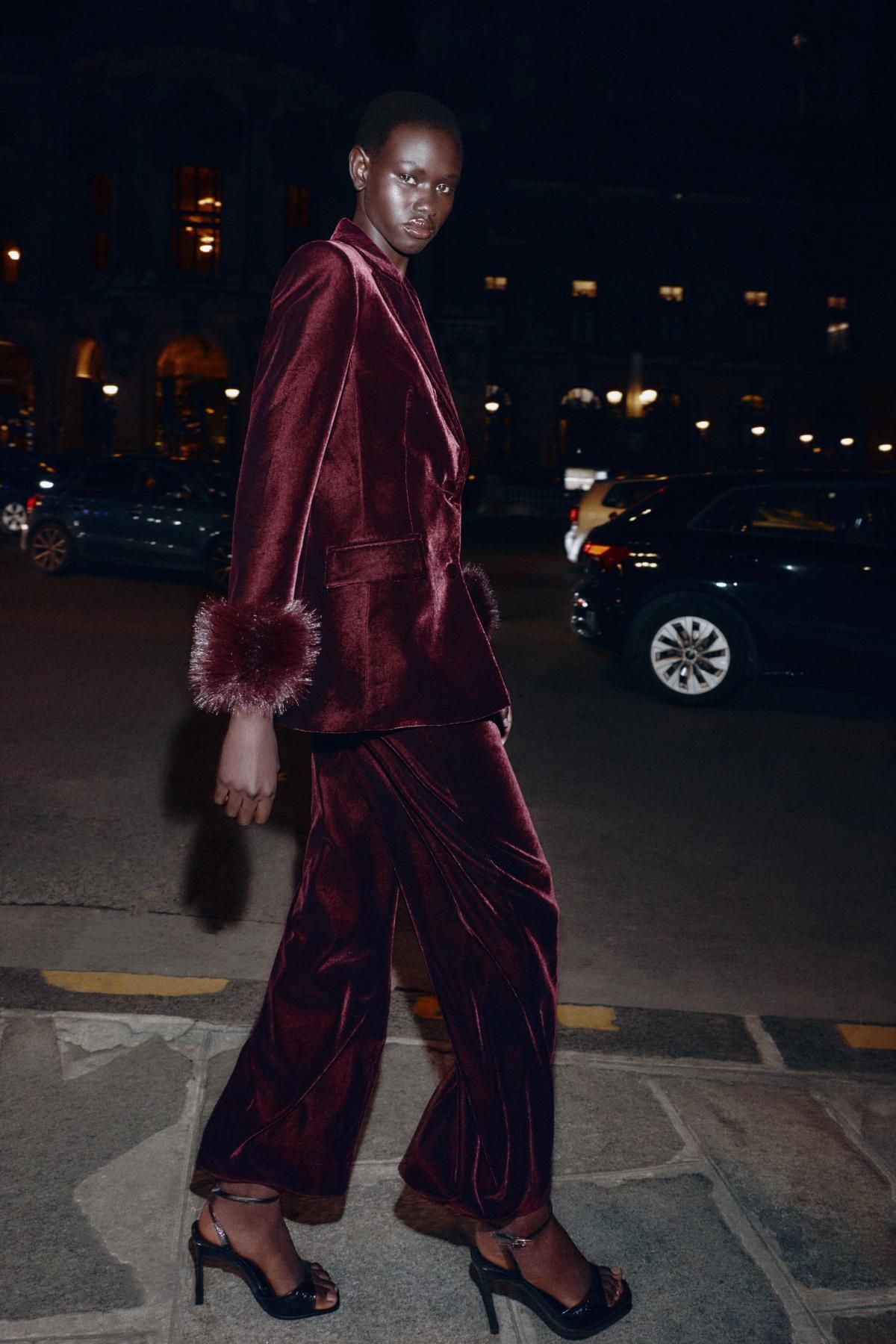 자라 벨벳 하이웨이스트 와이드 팬츠 버건디 9548/816 BURGUNDY - 상세 이미지 5