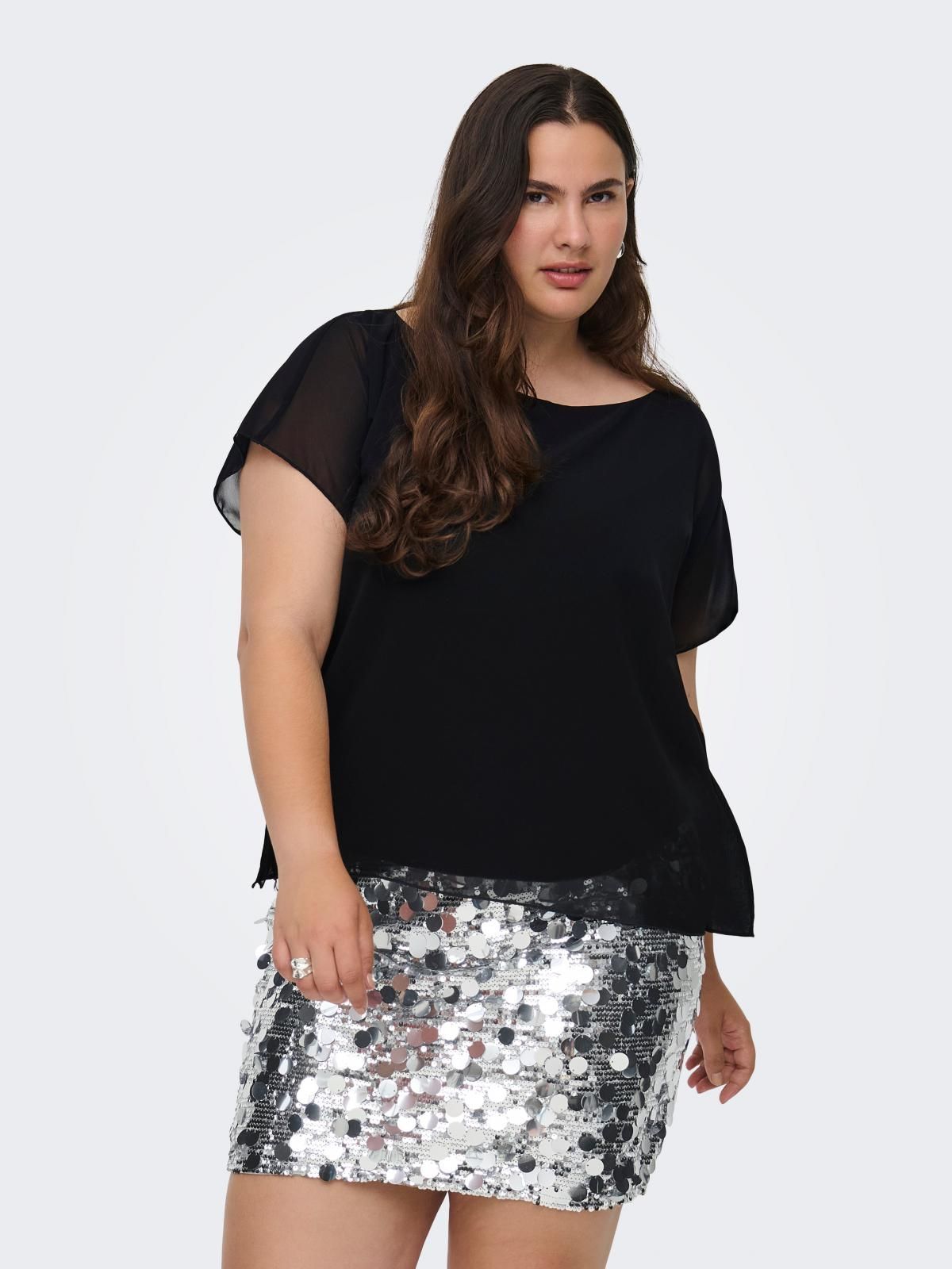 온리 빅사이즈 쉬폰 반팔 블라우스 15365535_2161 BLACK / BLACK - 상품 이미지