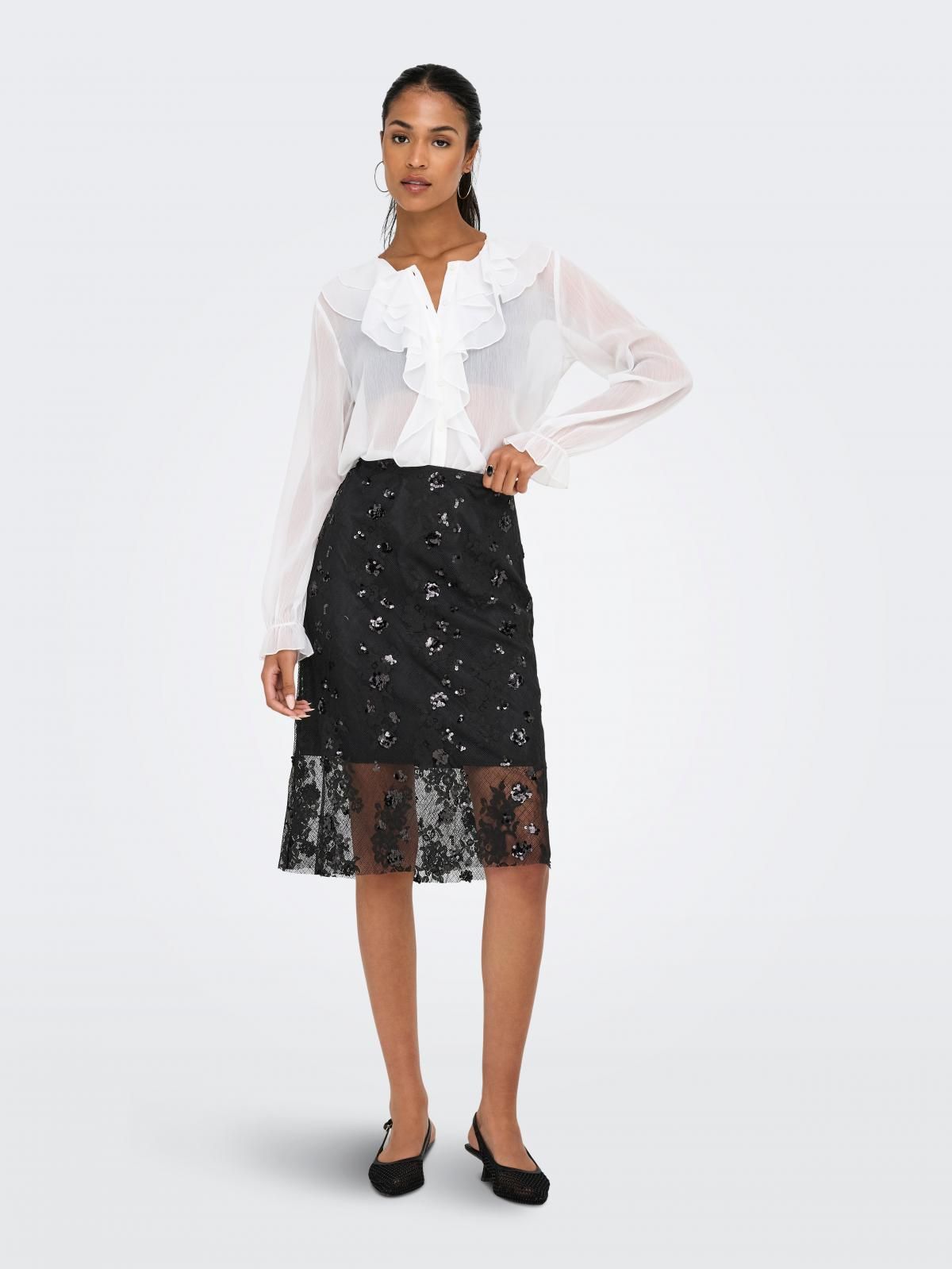 온리 시퀸 레이스 미디 스커트 15355789_2161 BLACK / BLACK - 상세 이미지 5