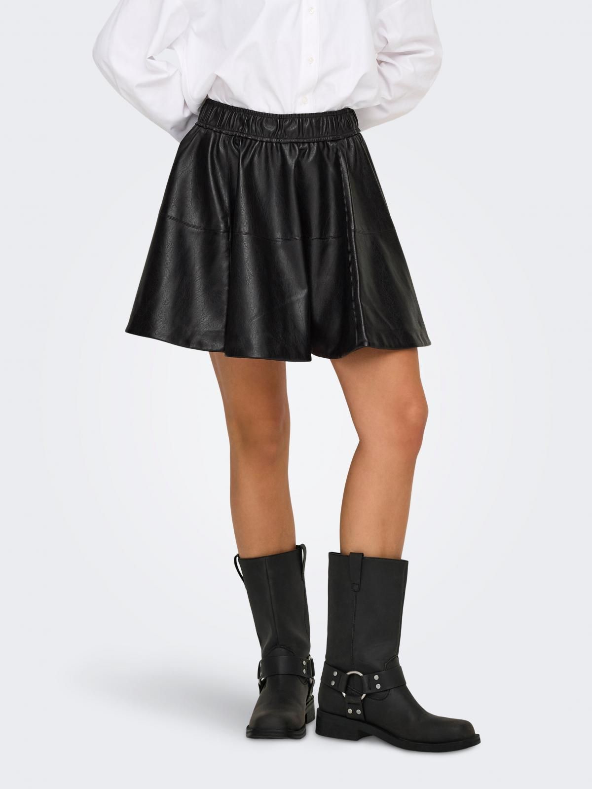 온리 테크니컬 하이웨이스트 미니 레더 스커트 15355512_2161 BLACK / BLACK - 상품 이미지