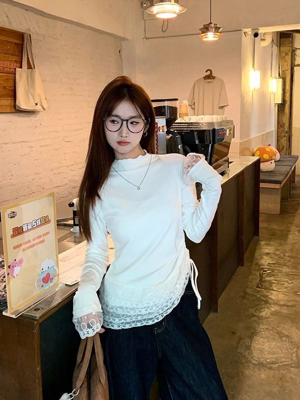 여성 레이스 프릴 반목넥 셔링 슬림핏 긴팔 티셔츠 데일리 베이직 이너 블라우스 코디 봄 가을 - 상세 이미지 4