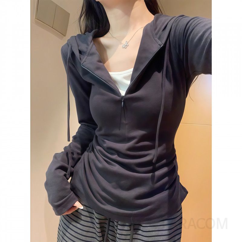 여성 슬림핏 후드집업 긴팔 티셔츠 데일리 캐주얼 베이직 간절기 봄 가을 - 상세 이미지 4