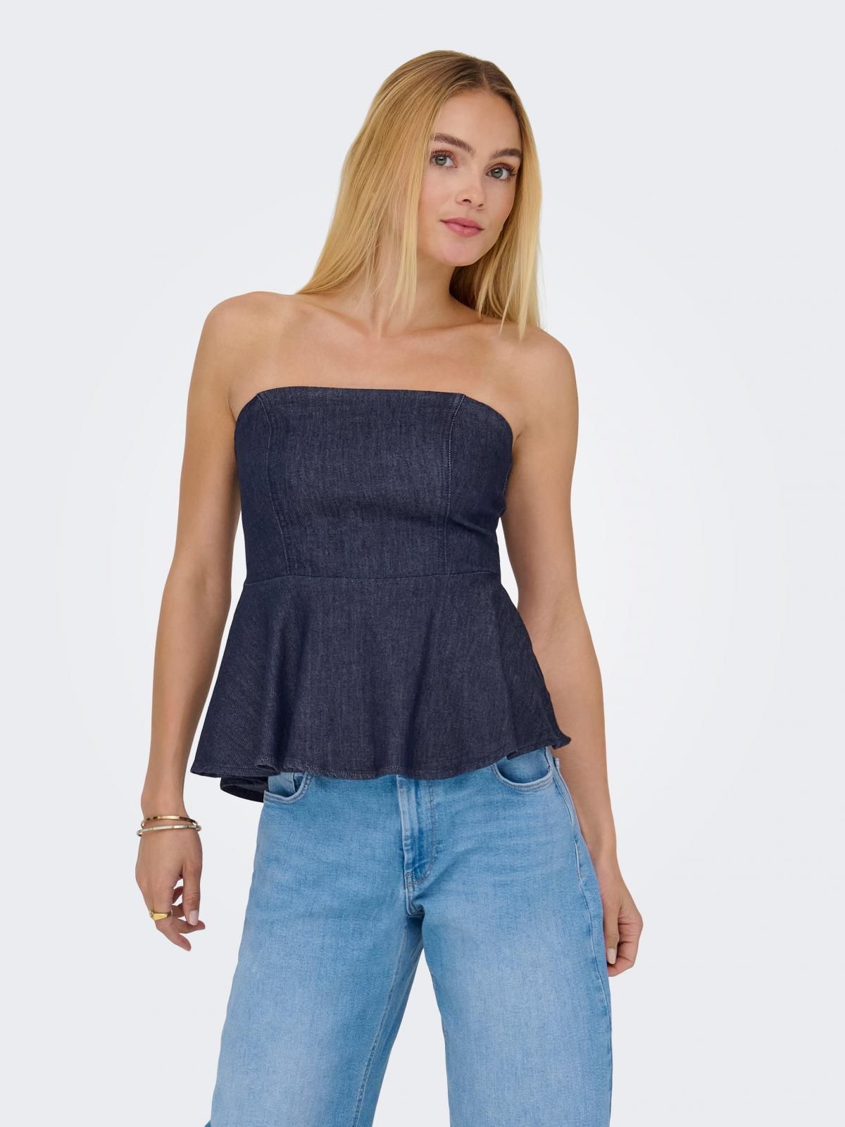 온리 데님 스모크 스트랩리스 탑 15359758_2114 BLUE / DARK BLUE DENIM - 상품 이미지