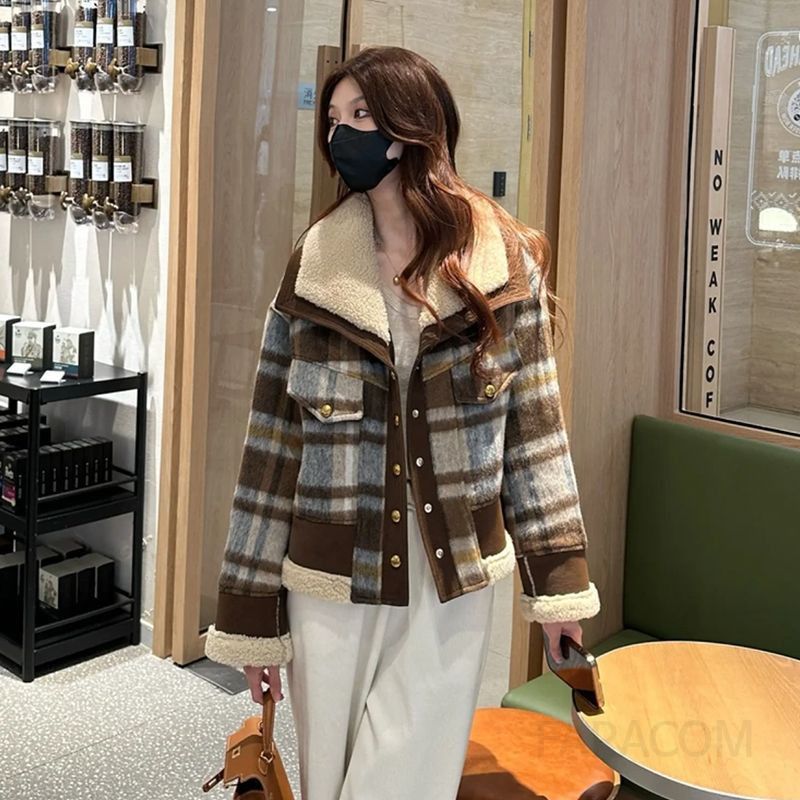 따뜻한 남녀공용 브라운 체크 뽀글이 카라 누빔 패딩 자켓 가을 겨울 캐주얼 아우터 점퍼 - 상품 이미지