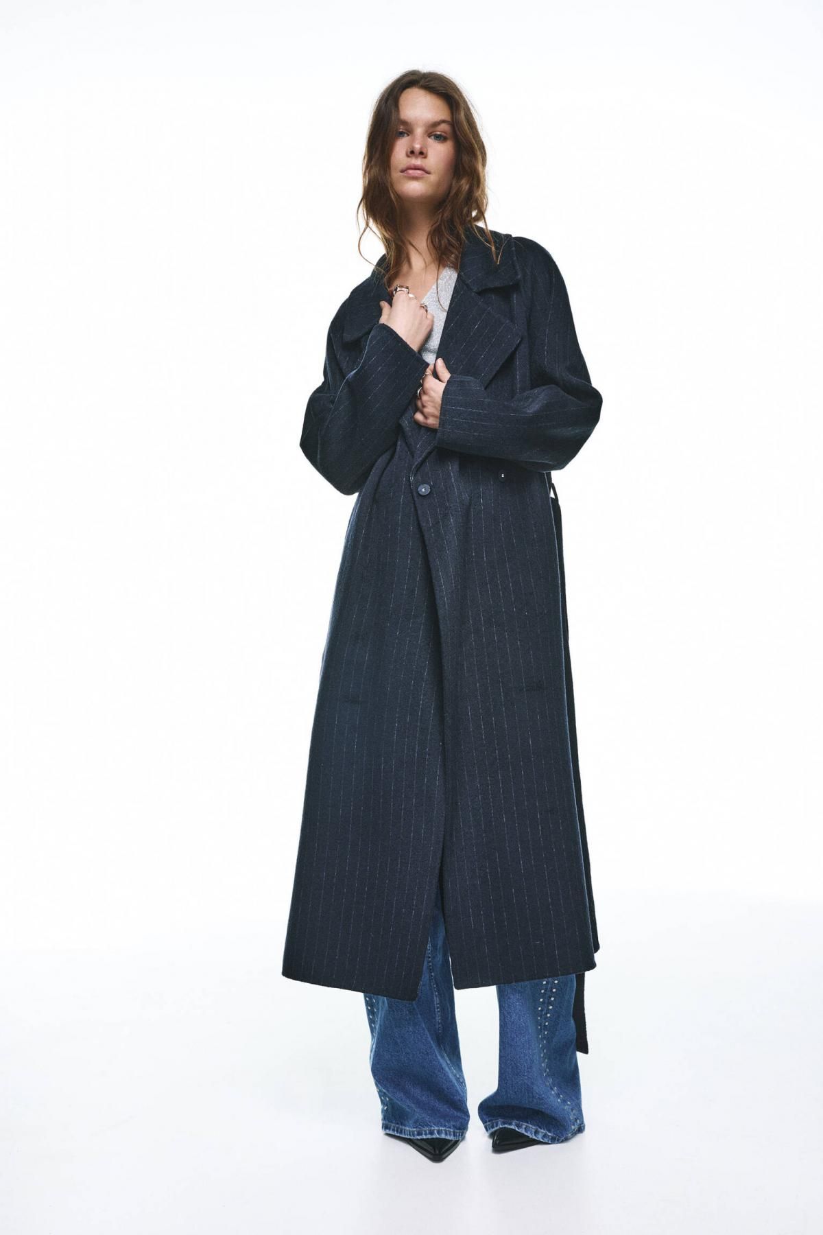 풀앤베어 오버핏 핀스트라이프 벨트 롱코트 7800/365 NAVY - 상세 이미지 2