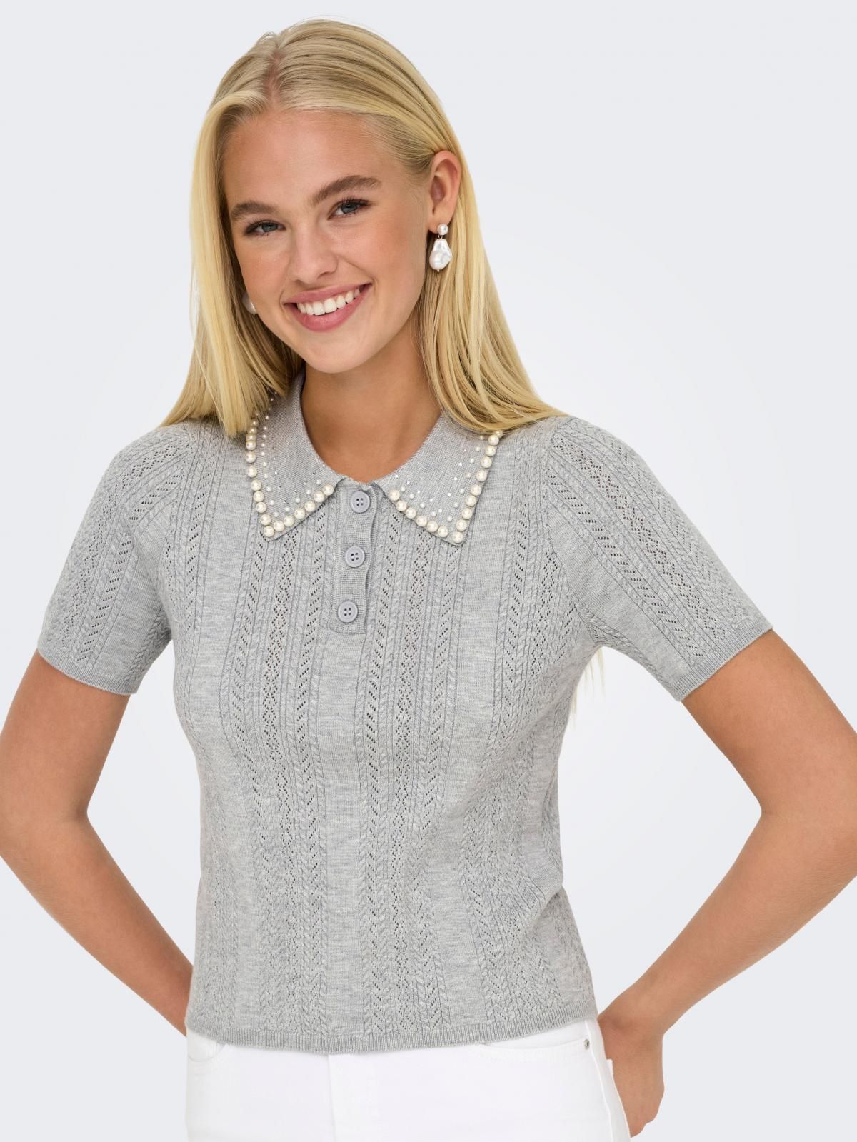 온리 진주카라 반팔 폴로 니트 탑 15357340_2381 GREY / LIGHT GREY MELANGE 이미지 6