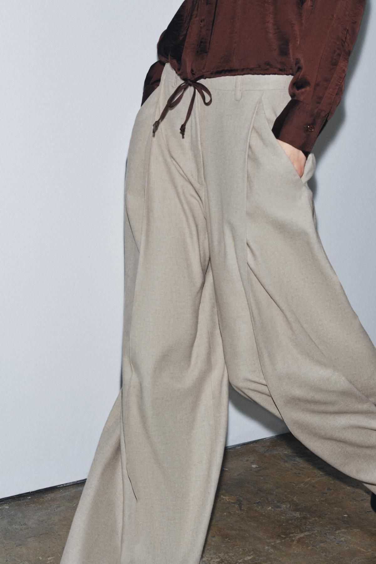 자라 울 블렌드 플리츠 와이드 팬츠 9808/791 BEIGE MARL - 상세 이미지 3