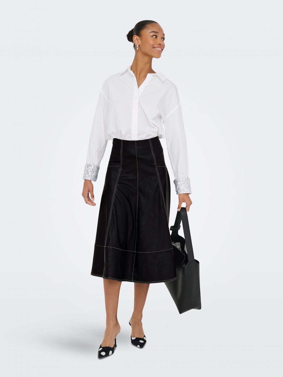 온리 테크니컬 레더 미디 스커트 15350401_2161 BLACK / BLACK - 상세 이미지 5