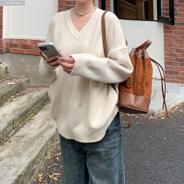 카보 브이넥 오버핏 하프 울 니트 3col 겨울 봄 루즈핏 롱 부드러운 데일리 제이플로우 이미지 8