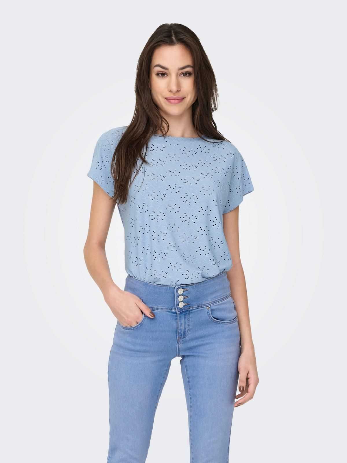 온리 레이스 디테일 라운드넥 반팔 티셔츠 15231005_3013 BLUE / SOFT CHAMBRAY - 상품 이미지