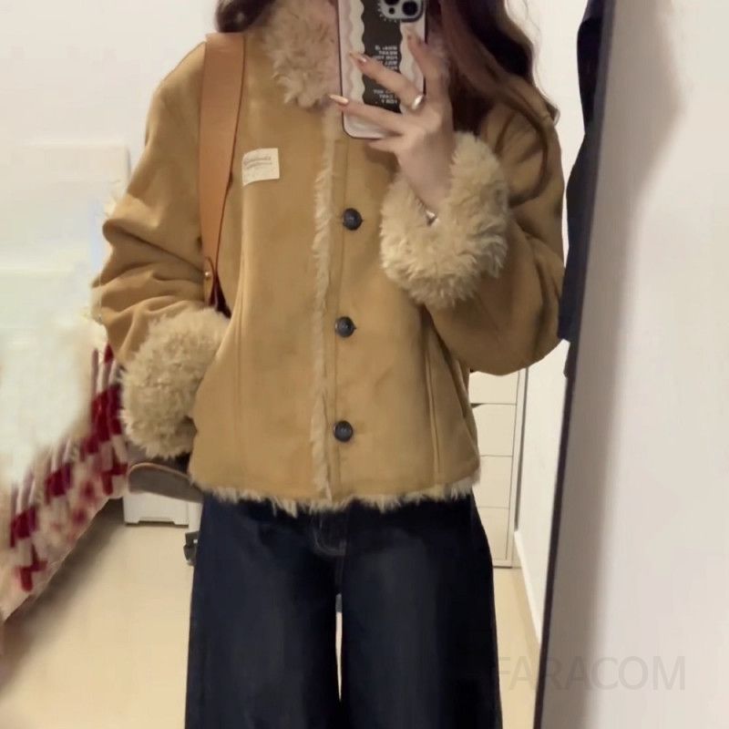 여성 겨울 퍼안감 스웨이드 숏 자켓 양털 무스탕 점퍼 데일리 아우터 캐주얼 루즈핏 코디 따뜻한 보온 - 상품 이미지