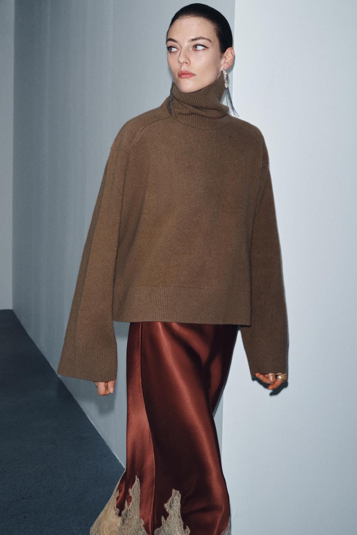 자라 새틴 레이스 미디 스커트 5344/101 BURGUNDY - 상세 이미지 5