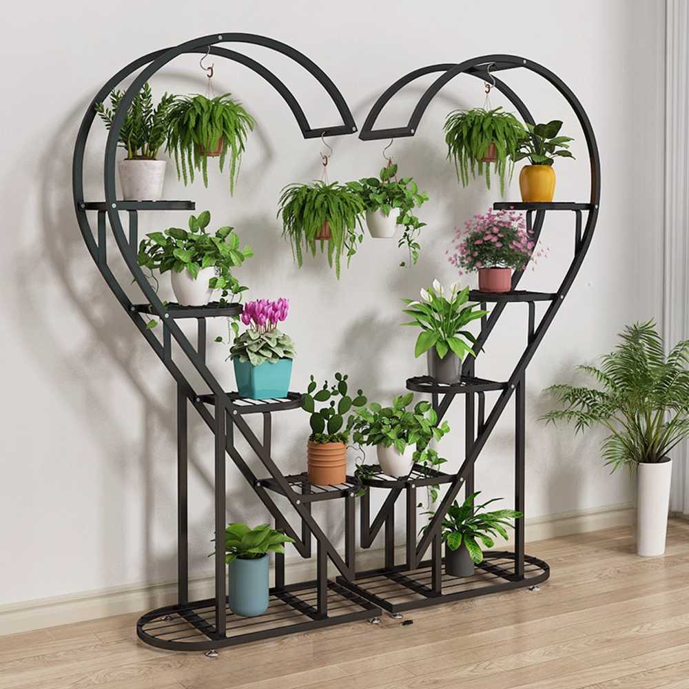 하트 화분 받침대 인테리어 철제 플랜트 스탠드 선반 블랙 140x145cm - 상품 이미지