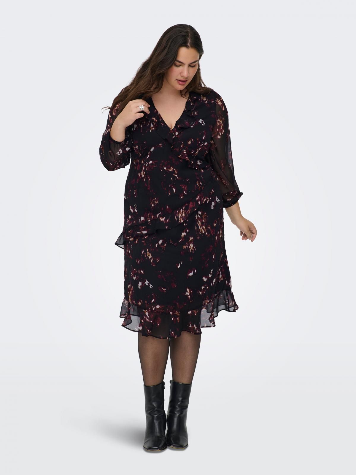 온리 빅사이즈 쉬폰 프릴 랩 미디 원피스 15358747_2161_1223373 BLACK / BLACK - 상품 이미지