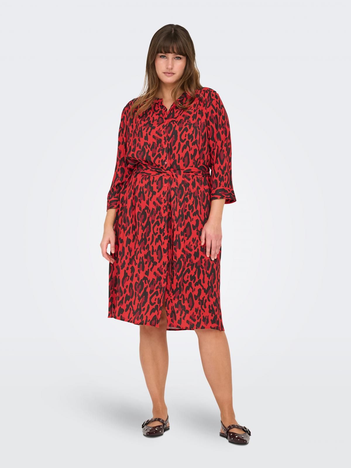 온리 빅사이즈 레오파드 패턴 미디 셔츠 원피스 15349437_753_1191647 RED / POPPY RED - 상세 이미지 5