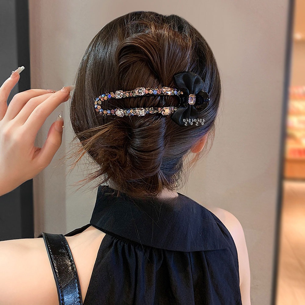 컬러 큐빅 블랙 리본 악어집게핀 올림머리헤어핀 - 상품 이미지