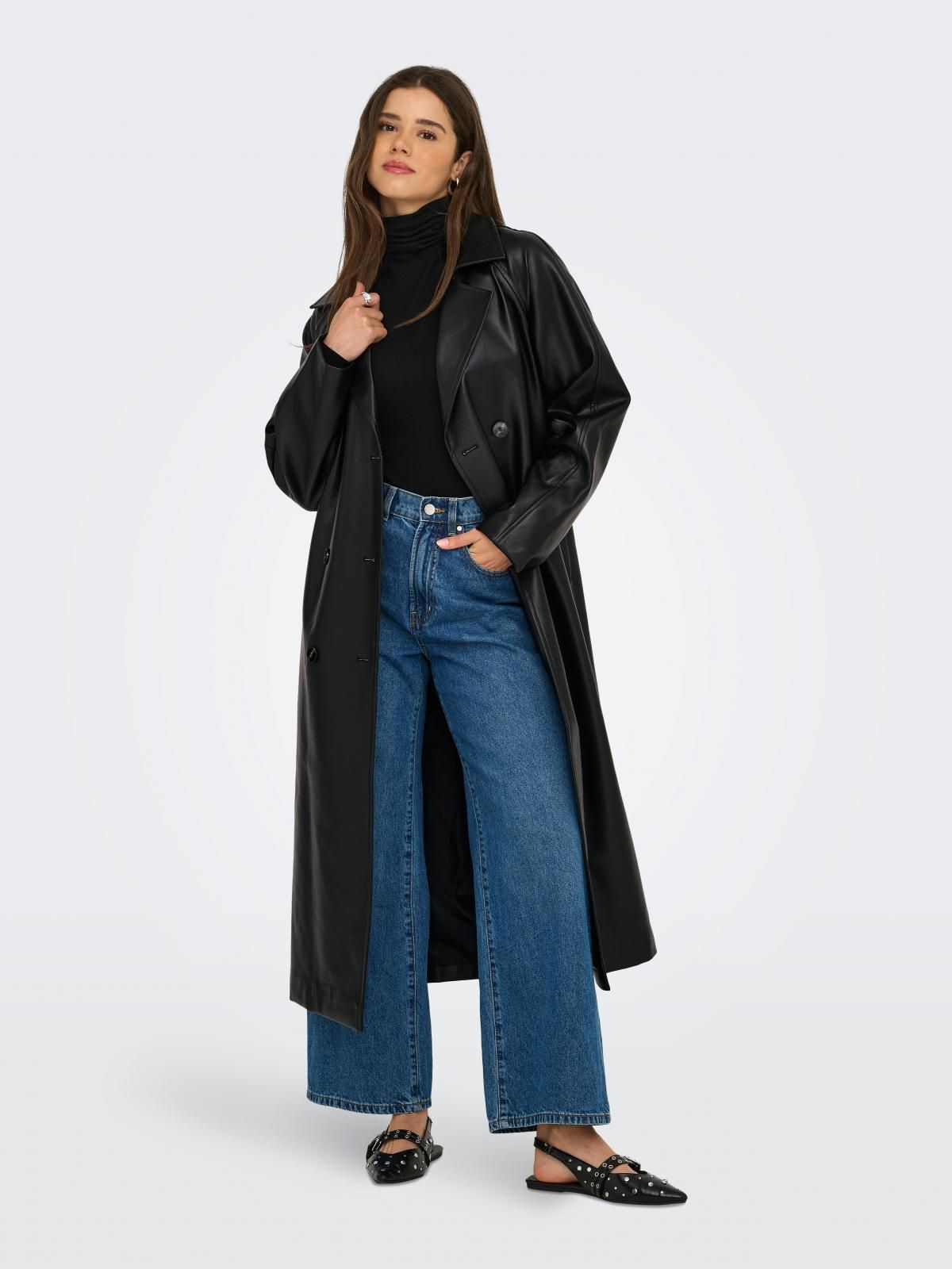 온리 더블버튼 벨티드 롱 트렌치코트 15349543_2161 BLACK / BLACK - 상품 이미지