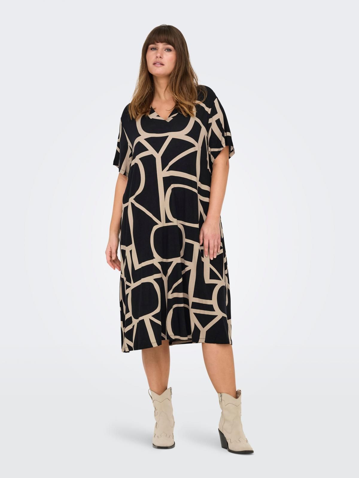 온리 빅사이즈 프린트 미디 원피스 브이넥 15295477_2161_1109880 BLACK / BLACK - 상품 이미지