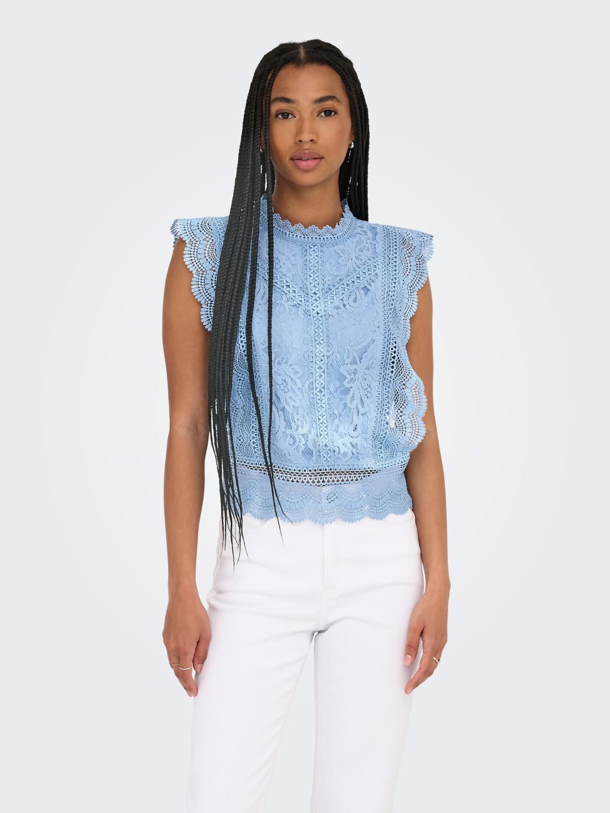 온리 레이스 라운드넥 소프트 블라우스 15204604_3013 BLUE / SOFT CHAMBRAY - 상품 이미지