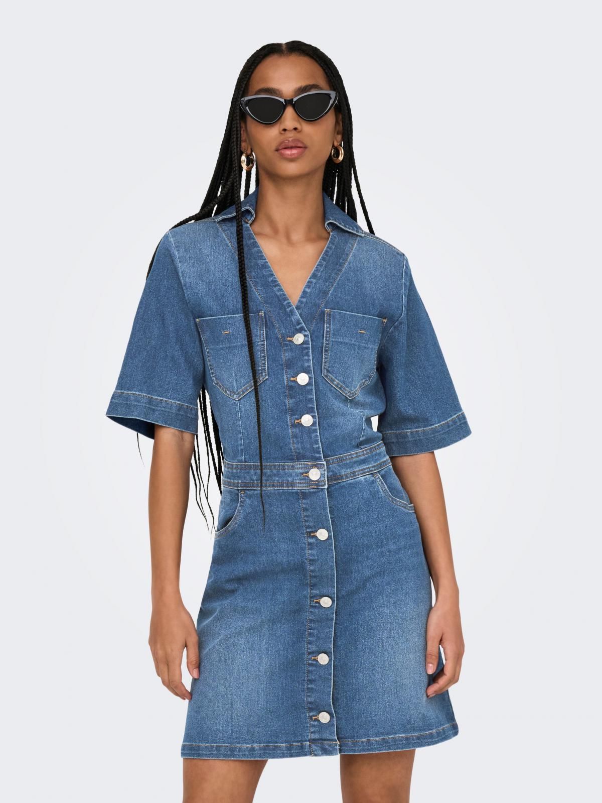 온리 데님 버튼업 셔츠카라 미니 원피스 15352314_2115 BLUE / MEDIUM BLUE DENIM - 상품 이미지