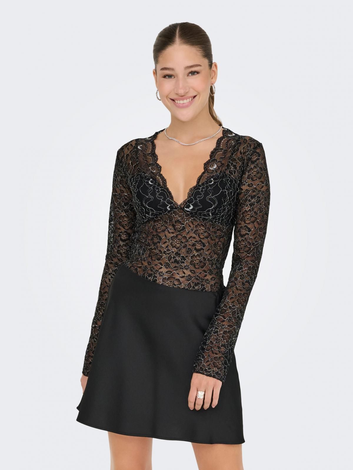 온리 글리터 레이스 브이넥 시스루 긴팔 탑 15358347_2161_1222112 BLACK / BLACK - 상품 이미지