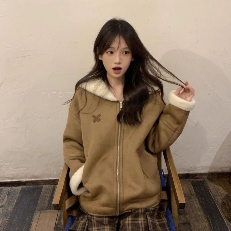 여성 루즈핏 오버핏 카라 덤블 퍼안감 인조 스웨이드 무스탕 자켓 점퍼 데일리 겨울 아우터 코디룩 - 상세 이미지 5