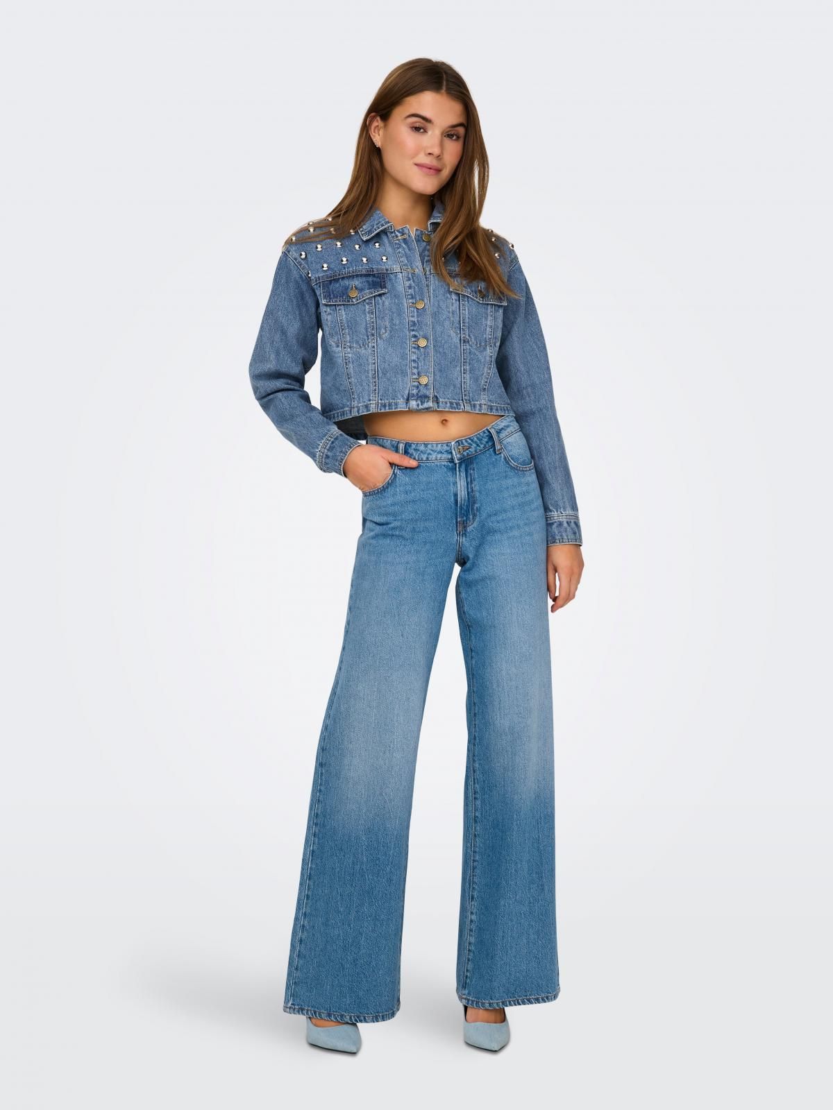 온리 트렌디 진주장식 크롭 데님 재킷 15318279_2115 BLUE / MEDIUM BLUE DENIM - 상세 이미지 5