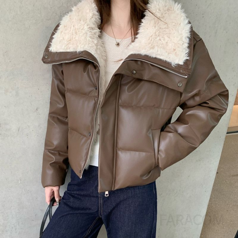 세련된 퍼카라 인조가죽 여성 패딩 점퍼 따뜻한 겨울 아우터 오버핏 루즈핏 데일리 외투 캐주얼 코디 - 상품 이미지