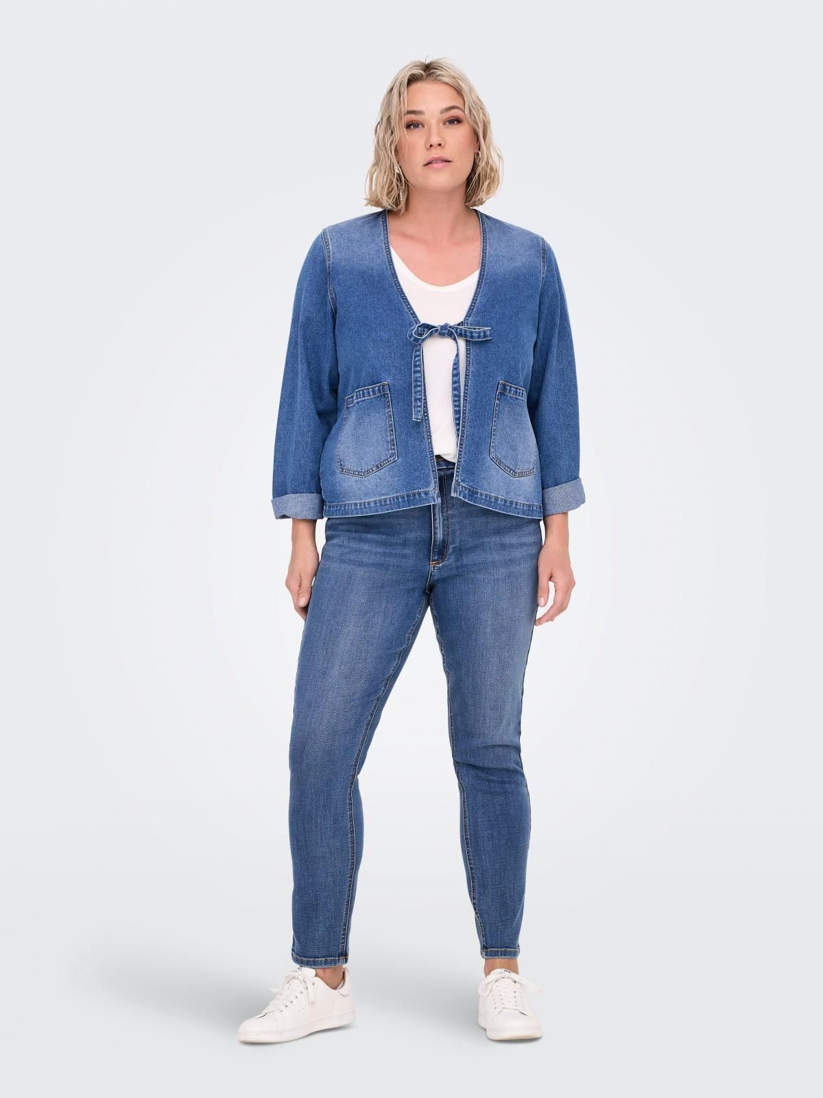 온리 커브핏 데님 라운드넥 리본 재킷 15355475_2115 BLUE / MEDIUM BLUE DENIM - 상세 이미지 5
