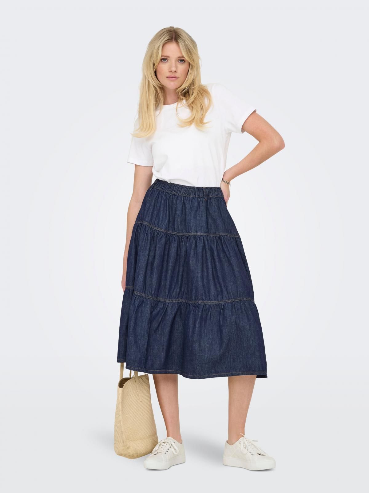 온리 데님 롱 스커트 밴딩 캐주얼 15357968_2114 BLUE / DARK BLUE DENIM - 상세 이미지 5