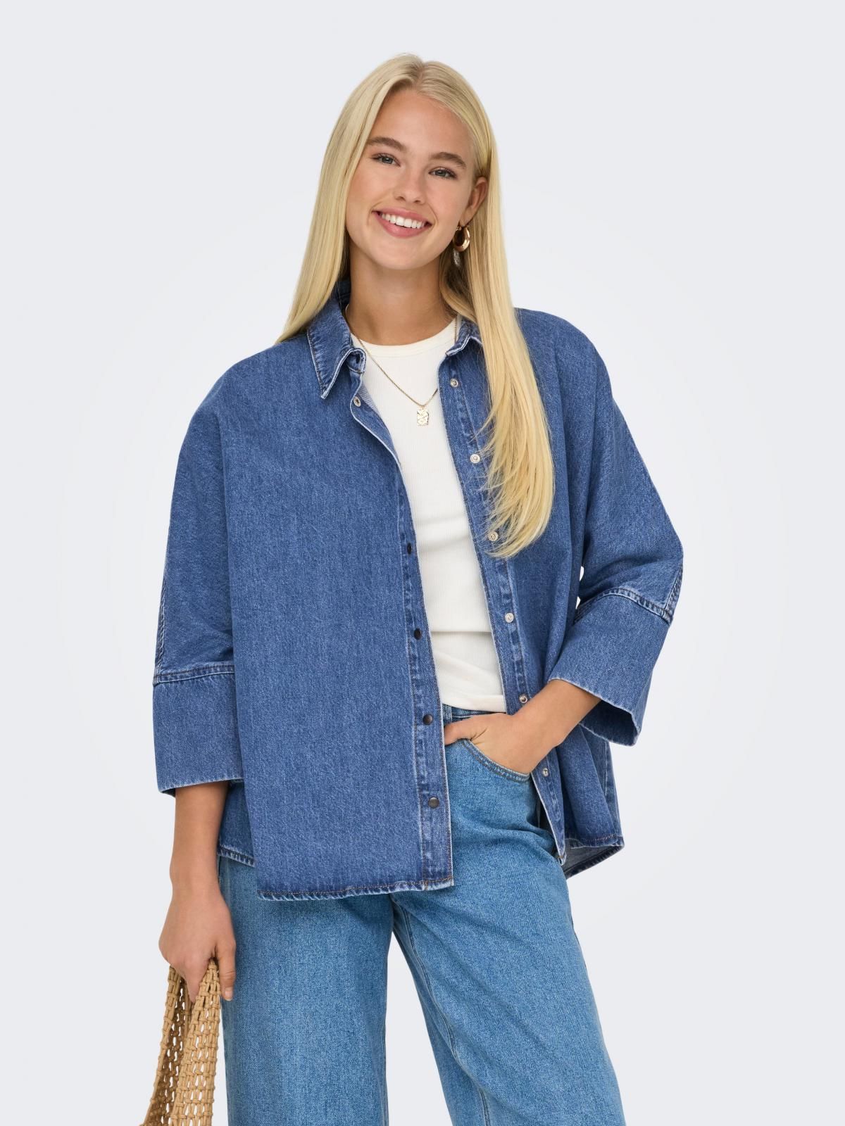 온리 오버사이즈 미드워시 데님 셔츠 15332126_2115 BLUE / MEDIUM BLUE DENIM - 상품 이미지