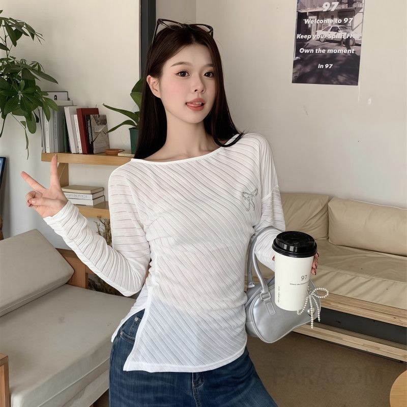 여성 시스루 스트라이프 긴팔 보트넥 루즈핏 언발란스 니트 티셔츠 풀오버 가을 - 상세 이미지 5
