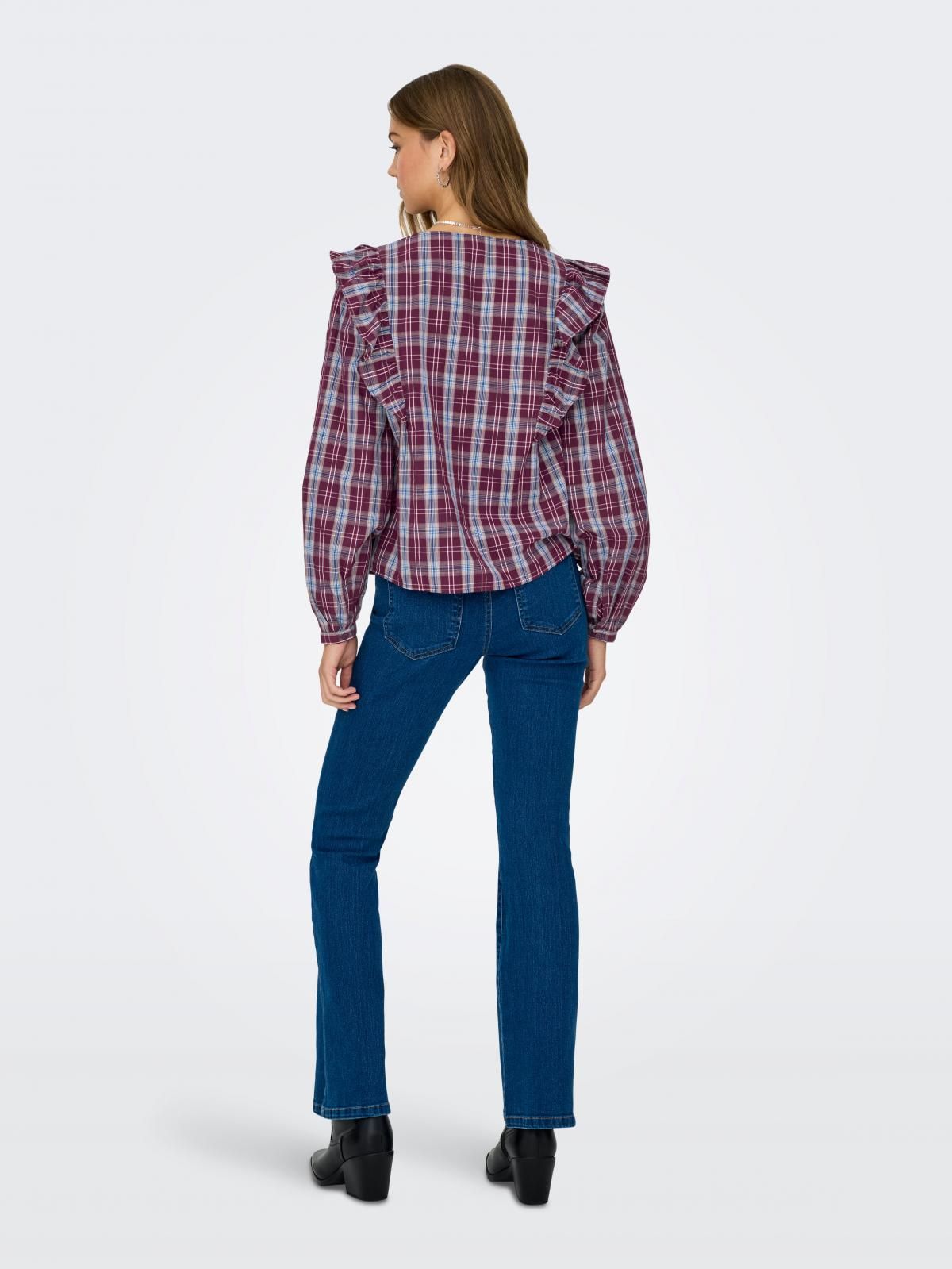 제이디와이 러플 체크 브이넥 블라우스 15359626_1017_1226352 PURPLE / FIG - 상세 이미지 2