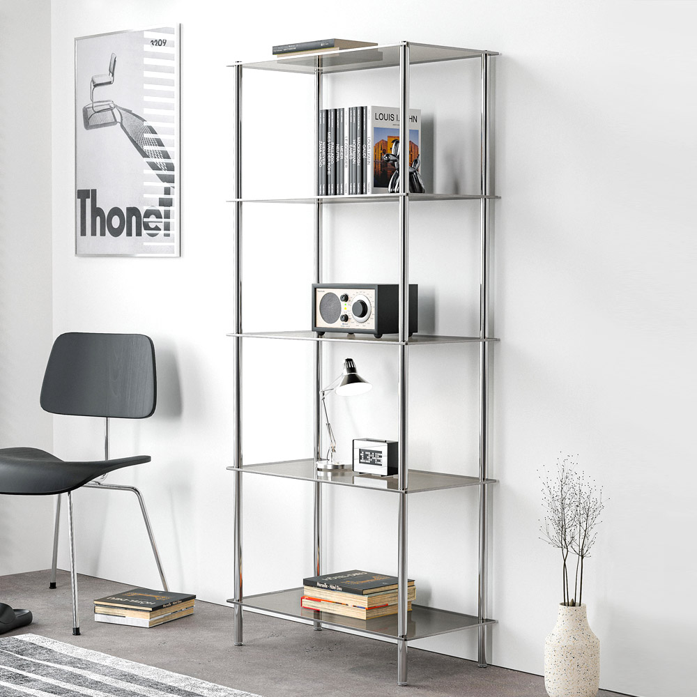 모듈 스테인리스 선반 장식장 600x300x1400, 5단, 그레이 유리