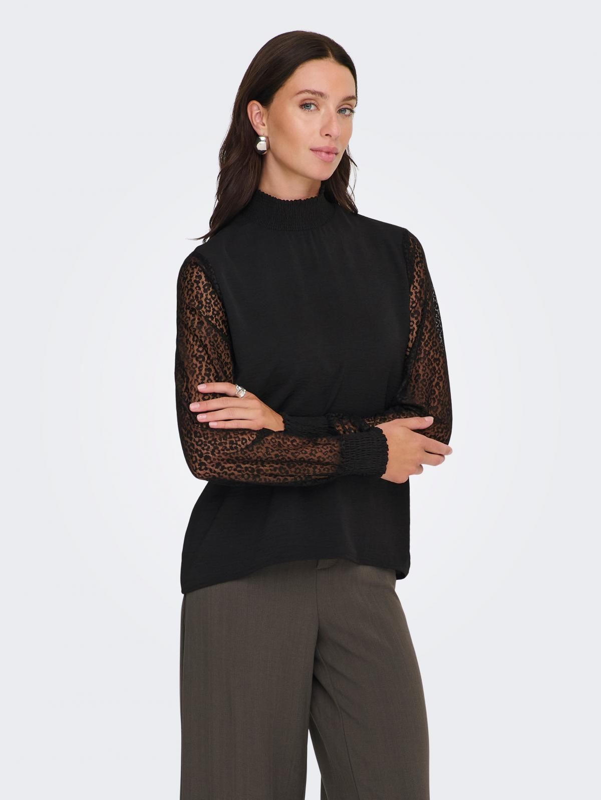온리 레이스 하이넥 블랙 긴팔 탑 15367414_2161 BLACK / BLACK - 상품 이미지