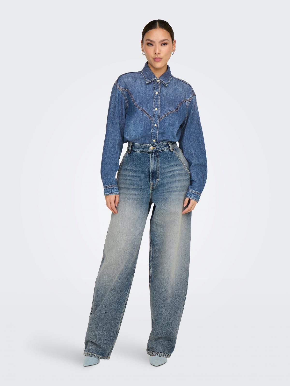 온리 데님 루즈핏 긴팔 셔츠 15353178_2115 BLUE / MEDIUM BLUE DENIM - 상세 이미지 5