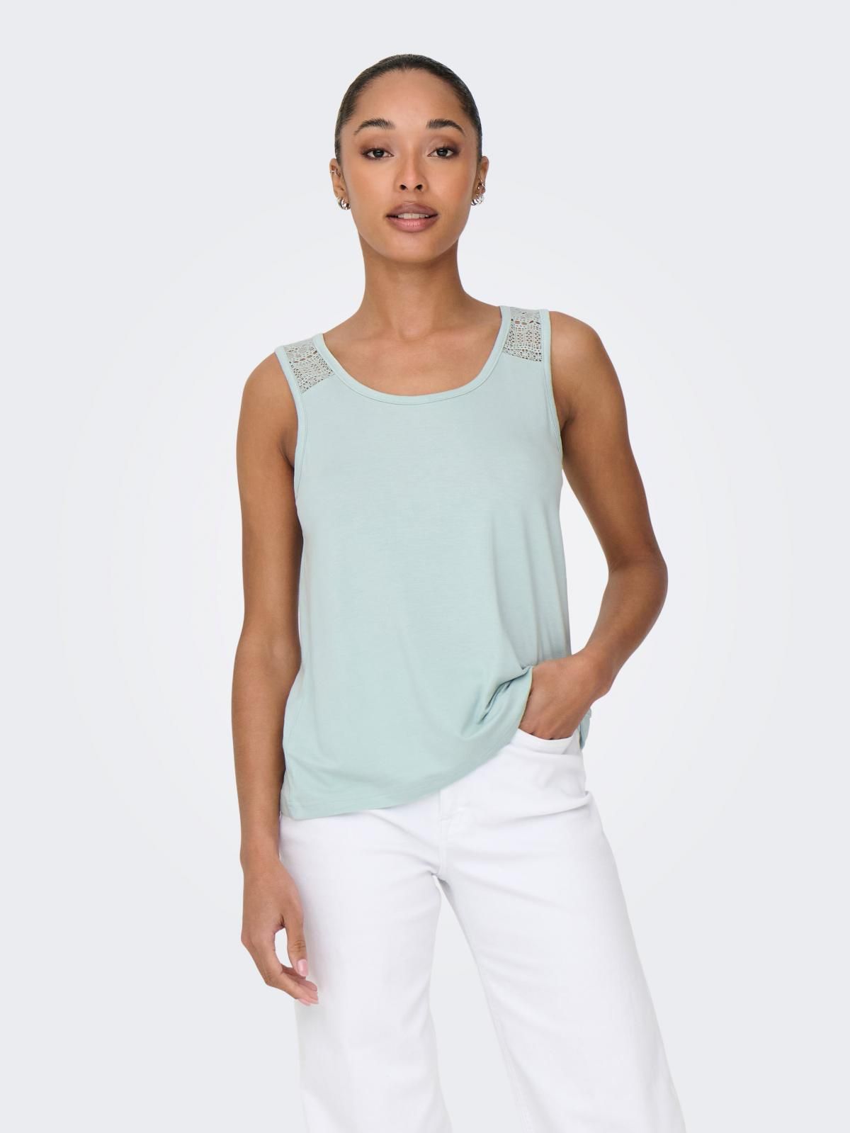 온리 레이스 디테일 소프트 민소매 탱크탑 15346436_1361 GREY / CLOUD BLUE - 상품 이미지