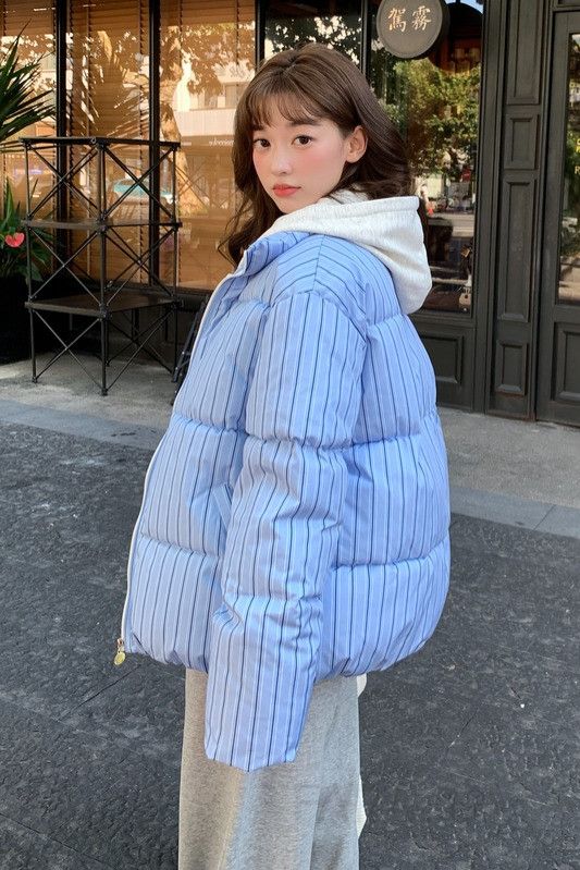 여성 캐주얼 스트라이프 루즈핏 후드 패딩 점퍼 오버핏 레이어드 코디 아우터 가을 겨울 - 상세 이미지 4