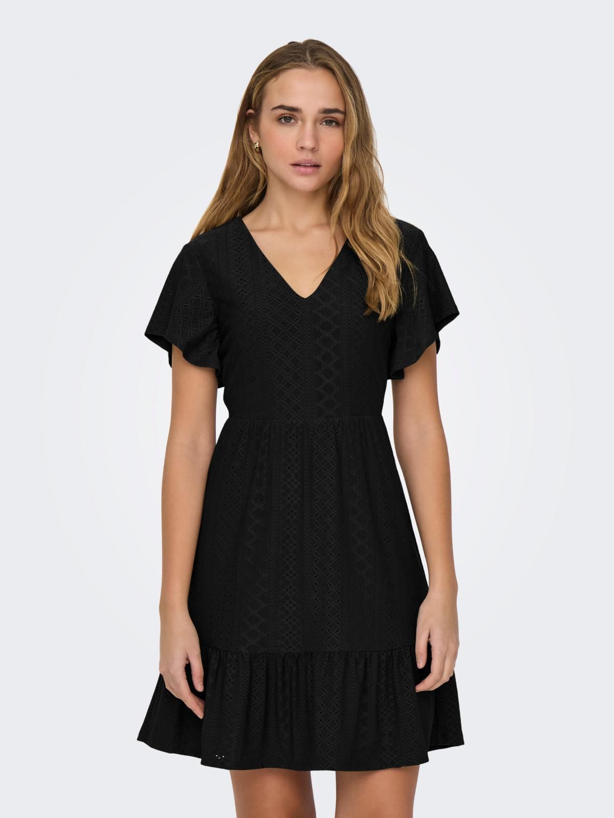 온리 베이직 브이넥 프릴 미니 원피스 15289687_2161 BLACK / BLACK - 상품 이미지