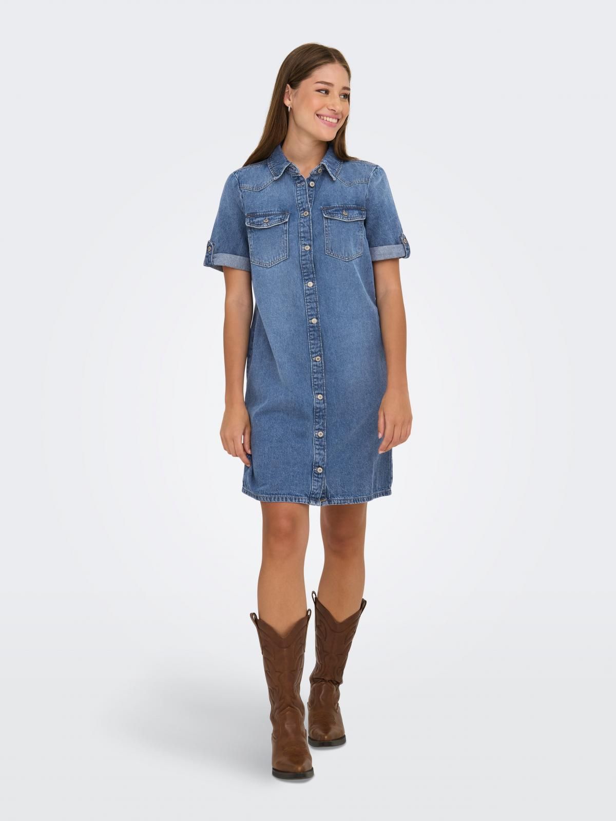 온리 데님 셔츠카라 미니 원피스 15353176_2115 BLUE / MEDIUM BLUE DENIM - 상세 이미지 5