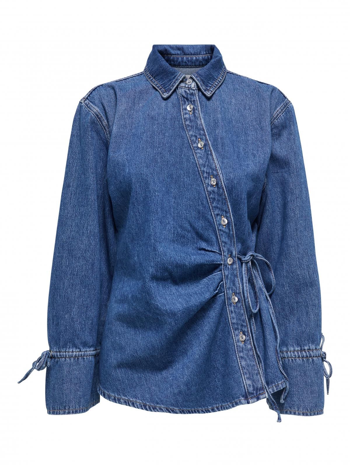 온리 드로스트링 볼륨 소매 데님 셔츠 15360423_2115 BLUE / MEDIUM BLUE DENIM - 상세 이미지 3