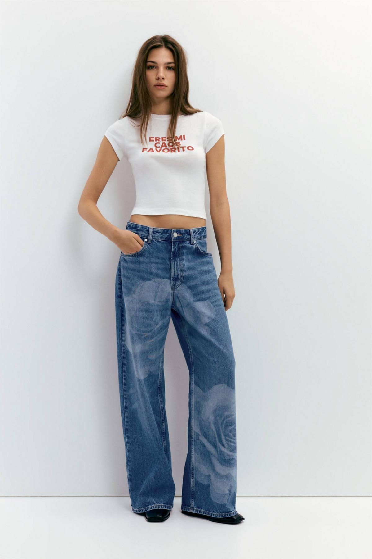풀앤베어 플라워 레이저 프린트 데님 배기 진 7683/389 MEDIUM BLUE - 상세 이미지 2