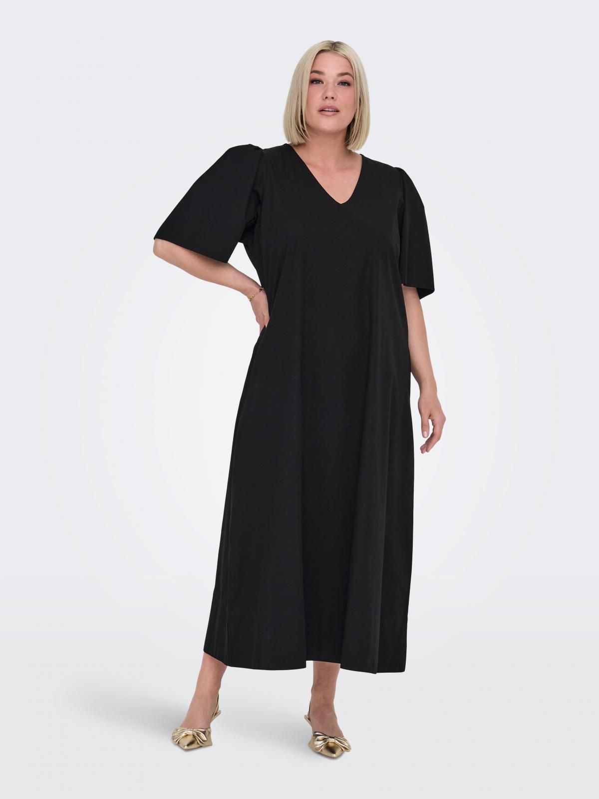 온리 빅사이즈 코튼 브이넥 퍼프 롱 원피스 15355428_2161 BLACK / BLACK - 상세 이미지 5